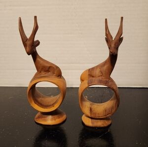 2 Vintage 1971 Hand Carved Wood Gazelles African Animal Napkin Ring Holder Kenya